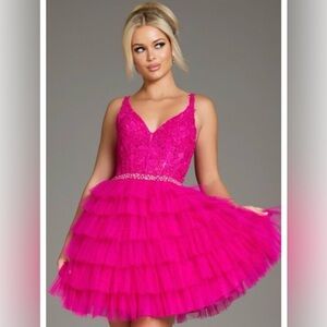 Jovani Fuchsia Lace Tiered Kids Dress